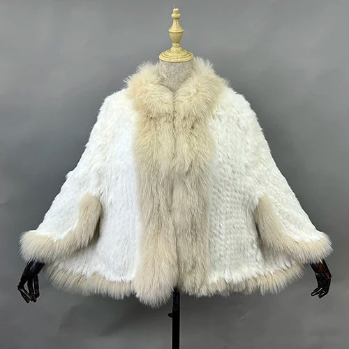 New Real Genuine Natural Knitted Rabbit Fur Shawl Coat With Fox Fur Collar Women's Fashion Knit Jacket Cape - Matrix Studios