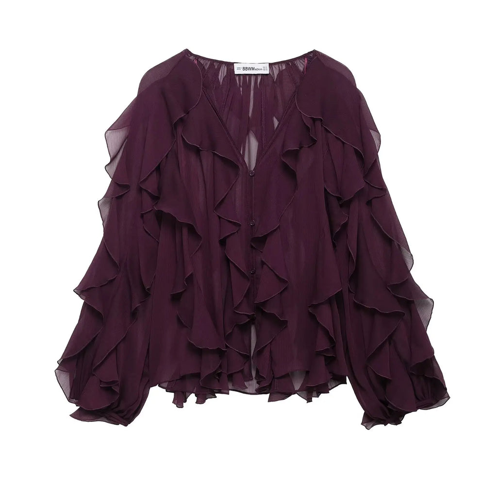 DUOPERI Women Fashion Solid Ruffled Blouse Vintage V-Neck Long Sleeves Female Chic Lady Shirts - Matrix-studios.com