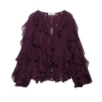 DUOPERI Women Fashion Solid Ruffled Blouse Vintage V-Neck Long Sleeves Female Chic Lady Shirts - Matrix-studios.com