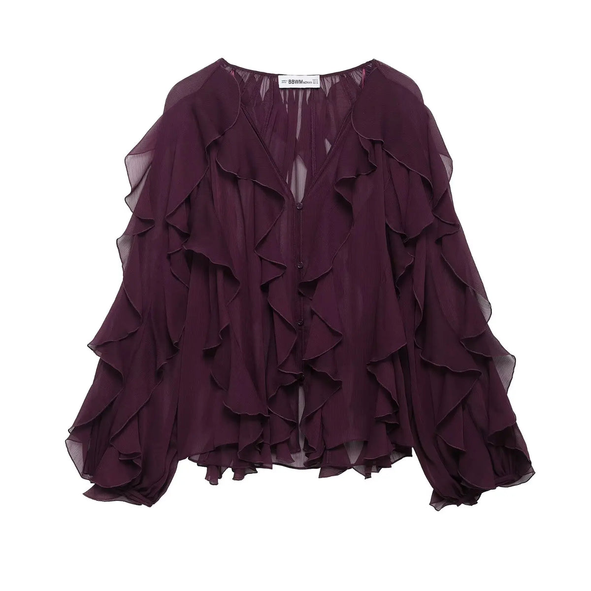 DUOPERI Women Fashion Solid Ruffled Blouse Vintage V-Neck Long Sleeves Female Chic Lady Shirts - Matrix-studios.com