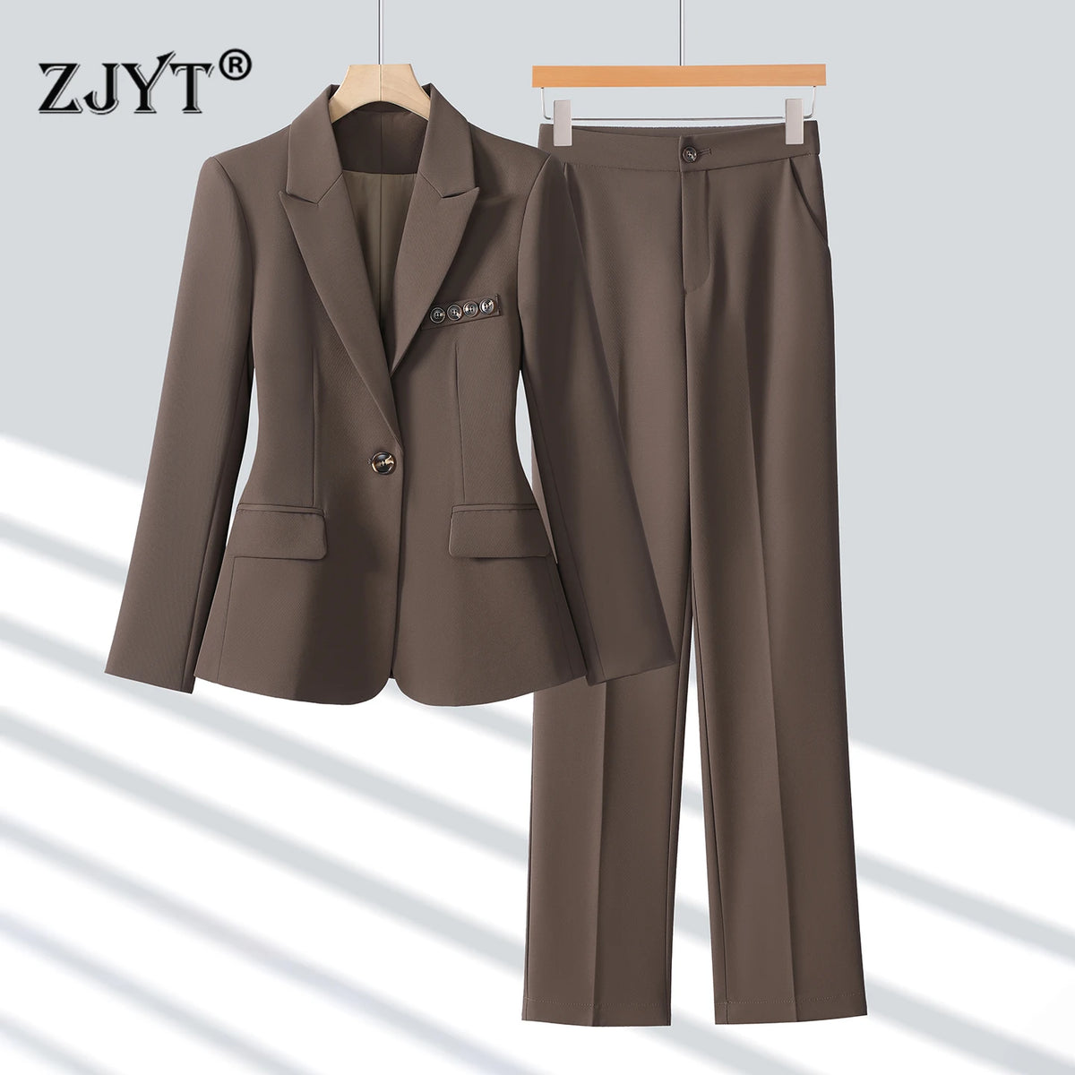ZJYT Spring Women's Suit Matching Sets Blazers and Pants Set 2 Piece Woman Elegant Chic Trousers Suits Plus Size Brown Outfit - Matrix-studios.com