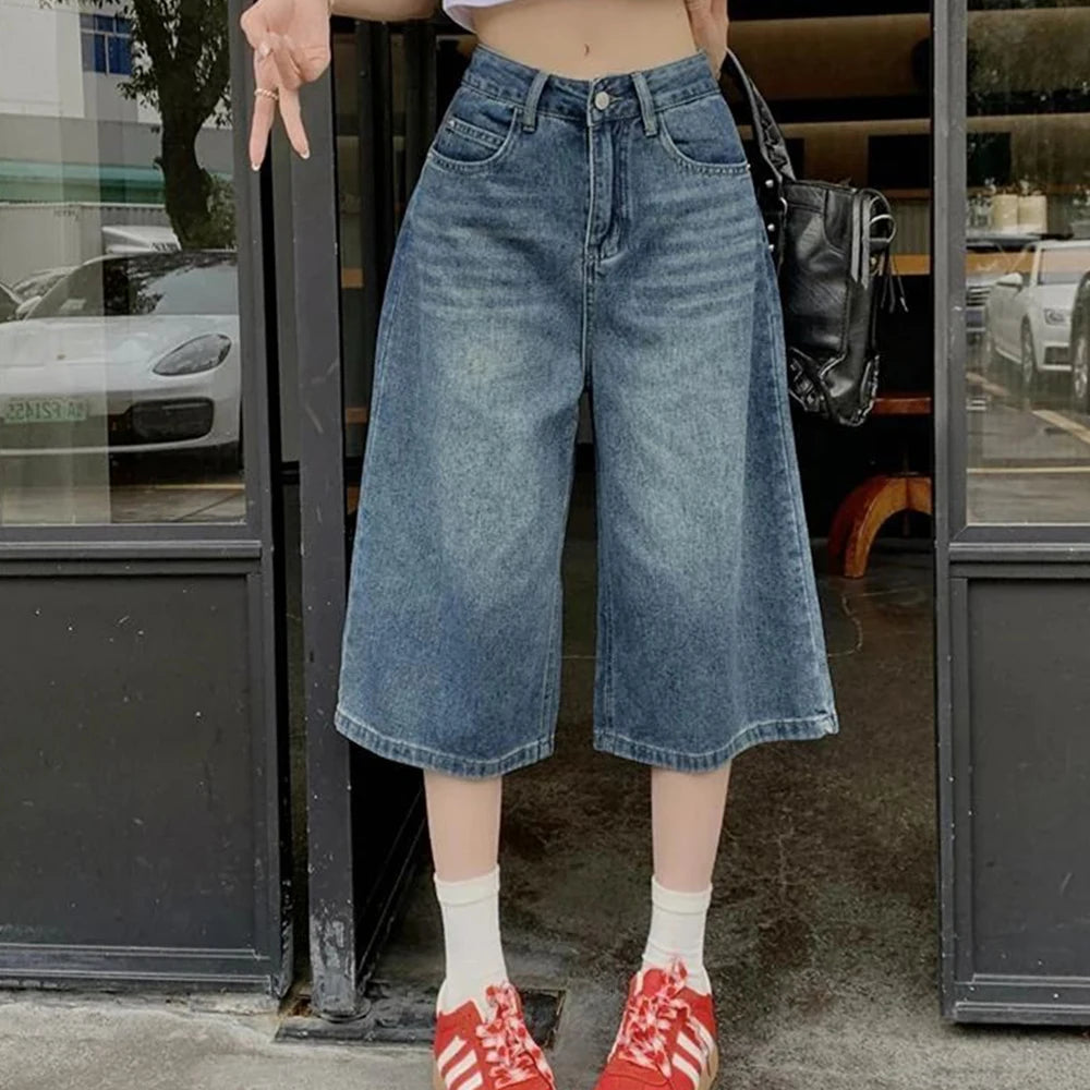 Summer American Style Vintage Women Baggy Jeans Y2k Loose Washed High Waist Knee Length Denim Pants Streetwear Wide Leg Shorts - Matrix-studios.com