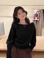 Knitted Sweater Women Pullovers New Long Sleeve Slash Neck Black Knit Sweater Pullover Women Tops Sweaters Women Clothing Q1476 - Matrix-studios.com