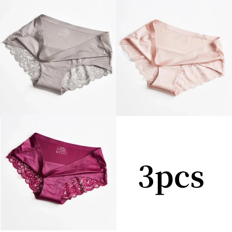 3pcs Lace Women's Panties French Seamless Underwear Female Ice Silk Briefs Solid Color Breathable Underpants Lingerie - Matrix Studios