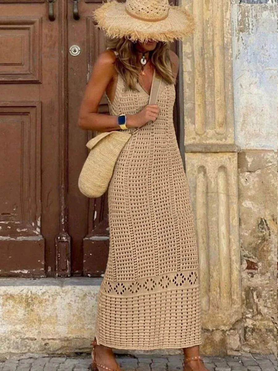 S - XL 2025 V Neck Hollow Out Crochet Knitted Tunic Beach Cover Up Long Cover-ups Beach Dress Beach Wear Beachwear Female Women - Matrix Studios