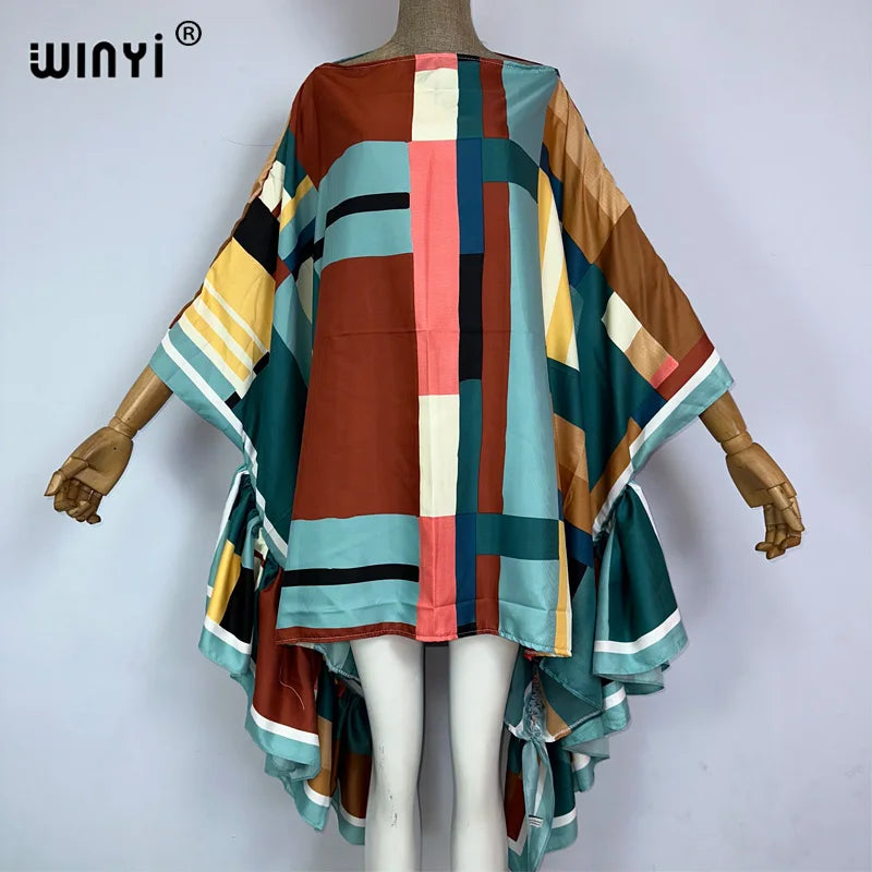 WINYI Women Summer Fashion Evening Party Beachwear Kuwait Bohemian Abaya Kaftan Puff Sleeve Sexy Elegant Beach Cover Up Dress - Matrix Studios