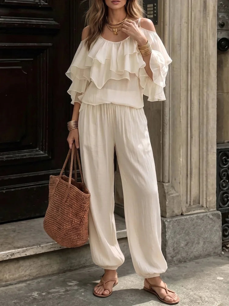 Pants Set Off Shoulder Ruffle Layer Top Elastic Waist Loose Jogger Pants For Women Beach Vacation Daily Leisure Travel Matching Outfit - Matrix-studios.com