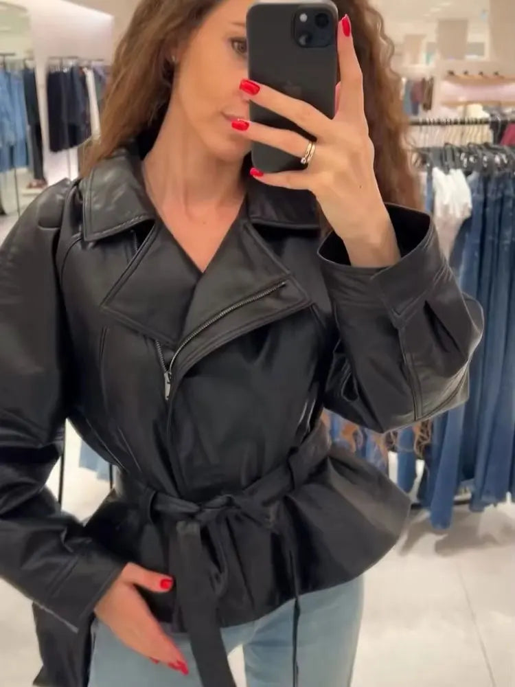 HH Women Fashion Black Short Faux Leather Trench Coat Long Sleeve Lapel Jacket With Belt Vintage Lady Motorcycle Jacket Outwear - Matrix Studios