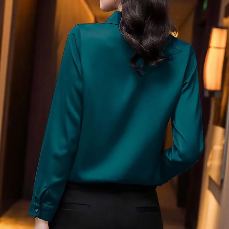 Elegant Women Chiffon Blouse 2025 New Temperament Turndown Collar Office Lady Shirt Streetwear Casual Solid Color Tops Clothing - Matrix-studios.com