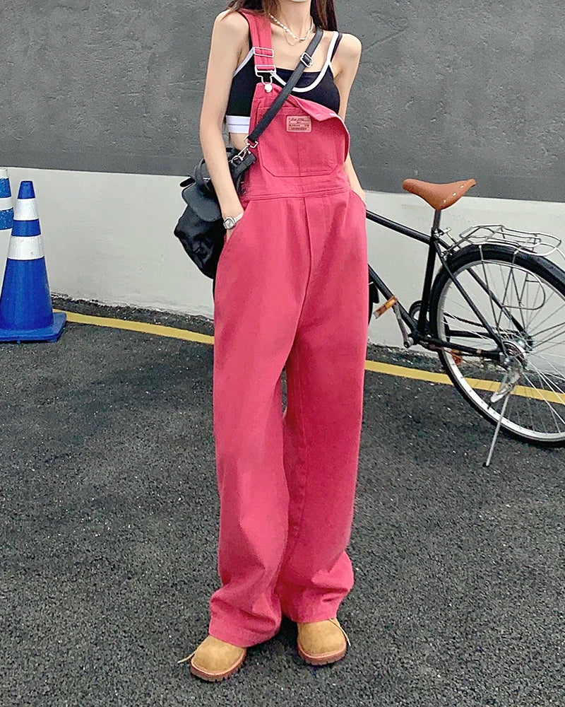 XS-XL jean womens 2022 Summer Preppy Style loose Girls Pink wide leg trousers jumpsuit korean casual denim overalls womens(78891 - Matrix Studios
