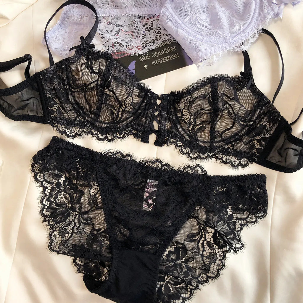 Sexy Hollow Bra French Ultra Thin Lace Embroidery Women Lingerie Set Underwire Push Up Bras Breathable Underwear and Panties Set - Matrix-studios.com