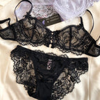 Sexy Hollow Bra French Ultra Thin Lace Embroidery Women Lingerie Set Underwire Push Up Bras Breathable Underwear and Panties Set - Matrix-studios.com