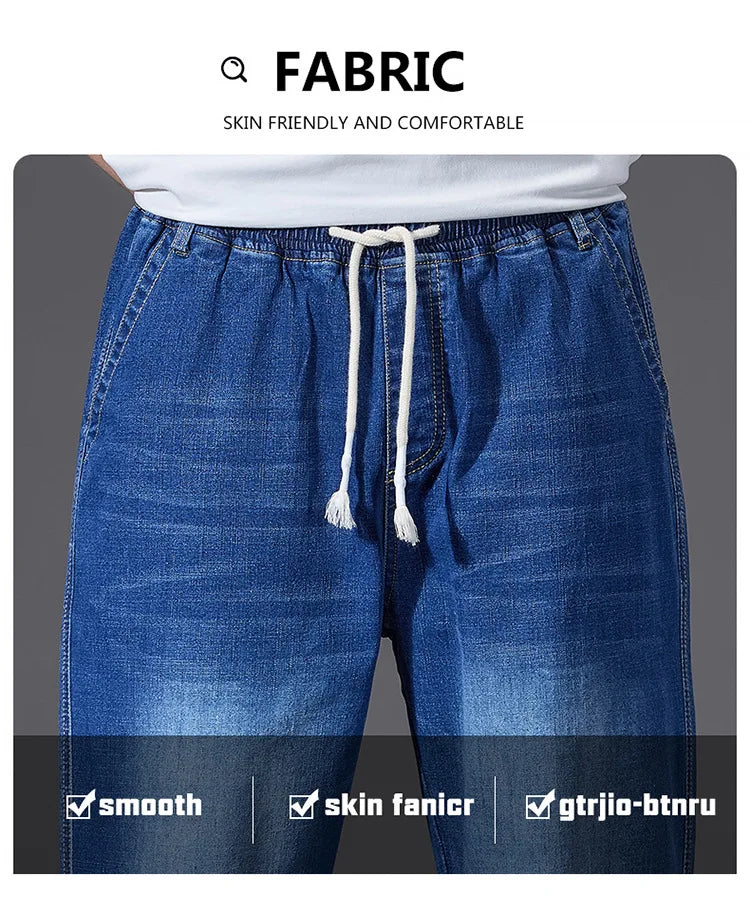 8XL Elastic Waist Men's Jeans, Loose Straight Leg Stretch Denim Pants, Plus Size Casual Streetwear, Big Size Relaxed Fit Trouser - Matrix Studios