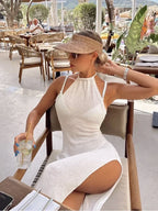 Sexy See Through Knit Backless Lace-up Split Bodycon Beach Dress 2026 Summer Women Solid Halter Holiday Swimwear Cover-ups A2797 - Matrix Studios