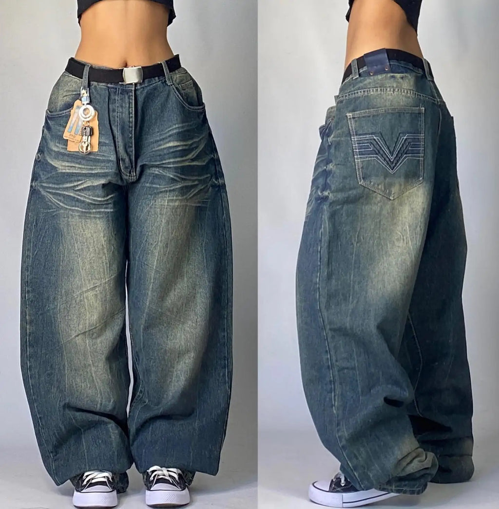 American New Fashion Oversized Pattern Printed Washed Jeans Men Y2K Gothic Rock Popular Casual Joker High Waist Wide Leg Pants - Matrix Studios