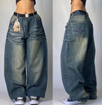 American New Fashion Oversized Pattern Printed Washed Jeans Men Y2K Gothic Rock Popular Casual Joker High Waist Wide Leg Pants - Matrix Studios