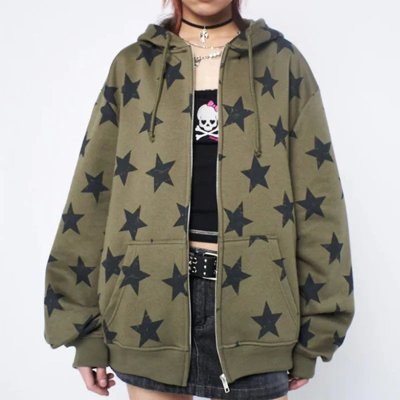 Y2k Clothes Vintage Star Oversized Sweatshirt Jacket Harajuku Goth Long Sleeve Women Sweatshirt 2000s Hip Hop Zip Up Hoodies Top - Matrix Studios