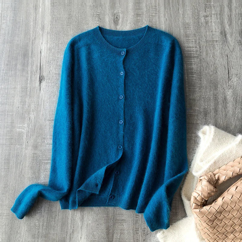 Brushed Wool Cashmere Warm Cardigan Women, O-Neck Seamless Soft Sweater - Matrix Studios