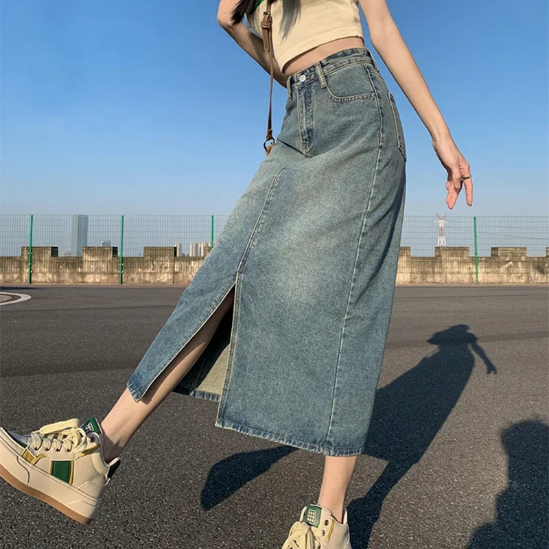 Summer New High-waist Slit Denim Skirt For Women Washed Retro A- line Skirt Hip-covering Straight Long Skirt - Matrix-studios.com