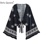 Boho Queens Women Wild Floral 2025 Short Bohemian Kimono Ruffles Flare Sleeves Vacation Beach Summer Bikini Boho Cover-ups - Matrix Studios