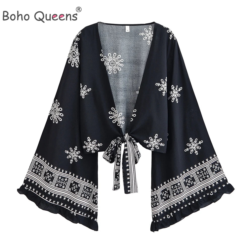 Boho Queens Women Wild Floral 2025 Short Bohemian Kimono Ruffles Flare Sleeves Vacation Beach Summer Bikini Boho Cover-ups - Matrix Studios