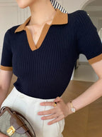 Women's T-shirt Polo Collar Short Sleeve Fashion Blouses 2026 Female Slim Knitted Tee White Skinny Casual Women Summer Tank Top - Matrix-studios.com