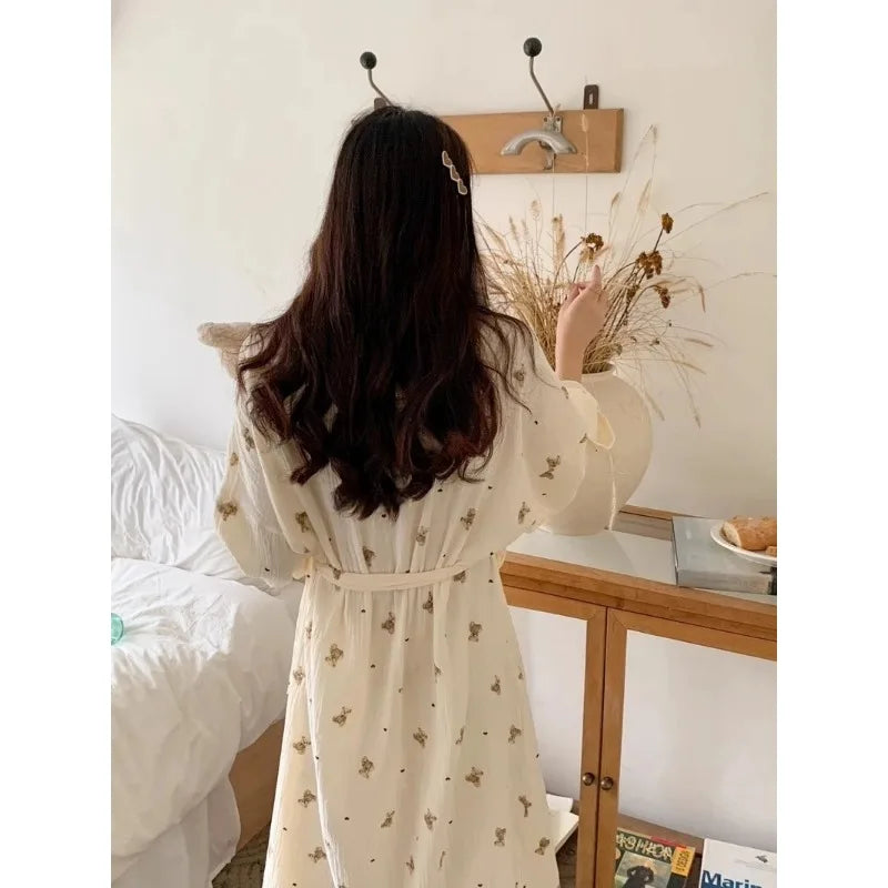Women Bathing Robe Cartoon Cute Bear Print Bathrobe Nightgown Cardigan Long Sleeve Nightdress Plus Size Loungewear Nightgown Ro - Matrix-studios.com
