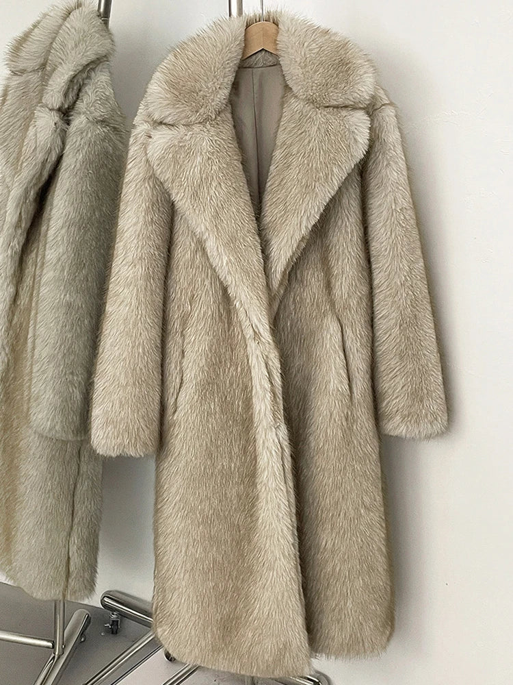 Mueyeruho 2025 Winter Women Faux Fur Jacket Coat Solid Khaki Long Sleeve Thick Warm Overcoat Outwear Fluffy Coat For Women - Matrix Studios