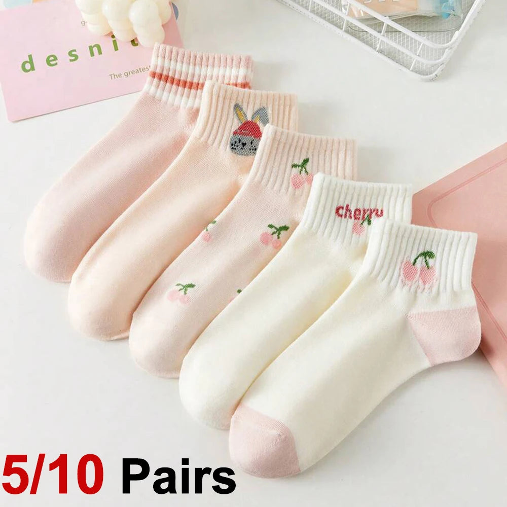 5/10 Pairs Women Striped Ankle Socks Fashionable Breathable Comfortable Spring Summer Cute Pink Fruit Pattern Casual Socks - Matrix Studios
