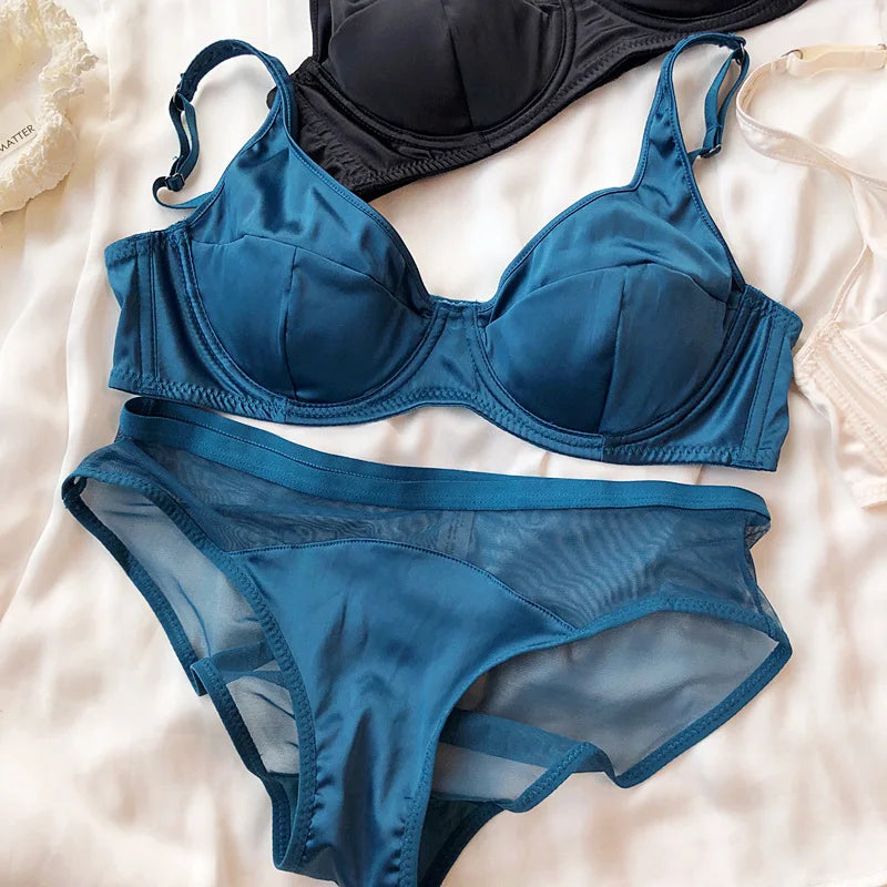 Women Ice Silk Comfort Underwear Sexy Small Breast Push Up Bra Set Detachable Padding Thin Cup Brassiere Intimates Panties Set - Matrix-studios.com