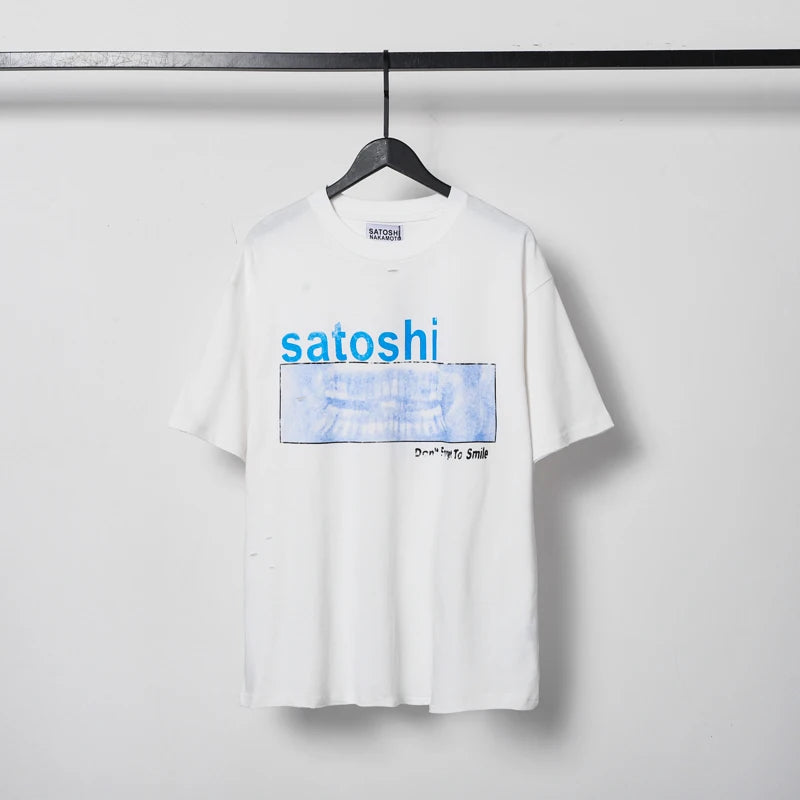 Fading Letter Print Hole SATOSHI Tshirts Breathable Cotton Round Neck Short Sleeve Summer Street Casual Tops Men Women White Tee - Matrix-studios.com