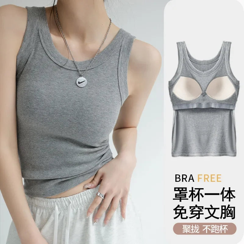 New Women Solid Round Neck Ribbed Tank Top Camisole Women Summer Basic Elastic TankTop One-piece Vest with Chest Pad Y2k - Matrix-studios.com