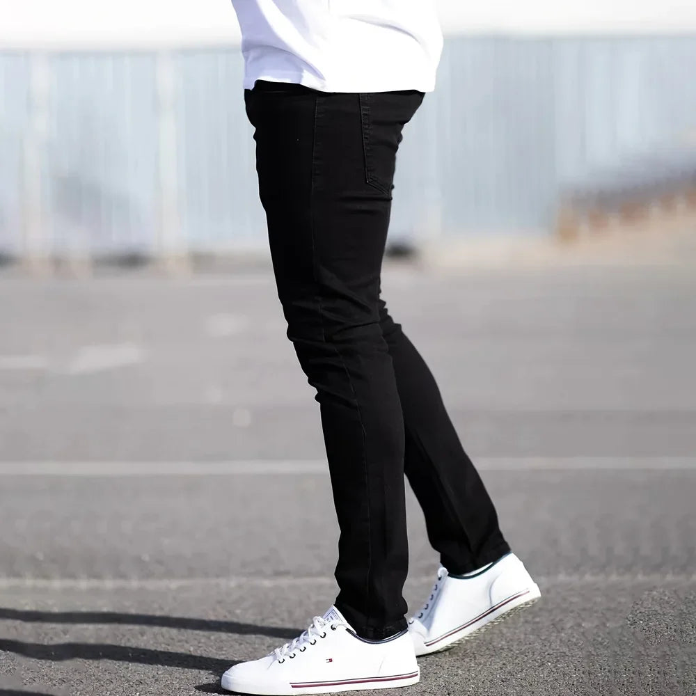 Spring Mens Black Blue Pants Pure Color Stretch Jeans Street Casual Slim Fit Trousers Male Vintage Wash Skinny Jeans for Men - Matrix Studios