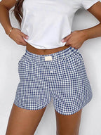 Shorts for Women Teen-girls Elastic Waistband Pull-on Red Blue Plaid Shorts Outfit Casual Lounge Summer Shorts - Matrix Studios