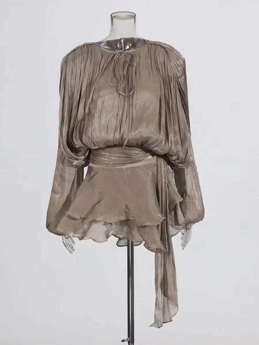 TWOTWINSTYLE Solid Blouse Mini Dresses For Women V Neck Long Sleeve Spliced Lace Up Sweet Style Dress Female Clothing Fashion - Matrix-studios.com