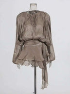 TWOTWINSTYLE Solid Blouse Mini Dresses For Women V Neck Long Sleeve Spliced Lace Up Sweet Style Dress Female Clothing Fashion - Matrix-studios.com