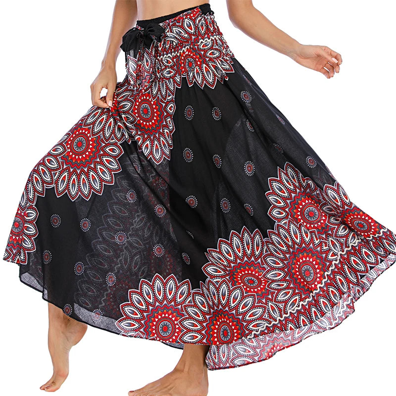 Boho Skirts Women Rayon Beach Long Dress Summer Bohemian Jupe Longue Femme Elastic Waist Print Floral Bandage Halter Hippie - Matrix Studios