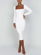 Autumn and Winter Women Sexy Bodycon Dress Square Neck Long Sleeved Ladies Evening Dresses - Matrix-studios.com