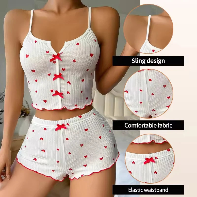 Sexy Sleepwear Women Pajamas Set Heart Print Silk Stain V-Neck Sleeveless Casual Cami Top and Shorts Sets Home Suit Loungewear - Matrix-studios.com