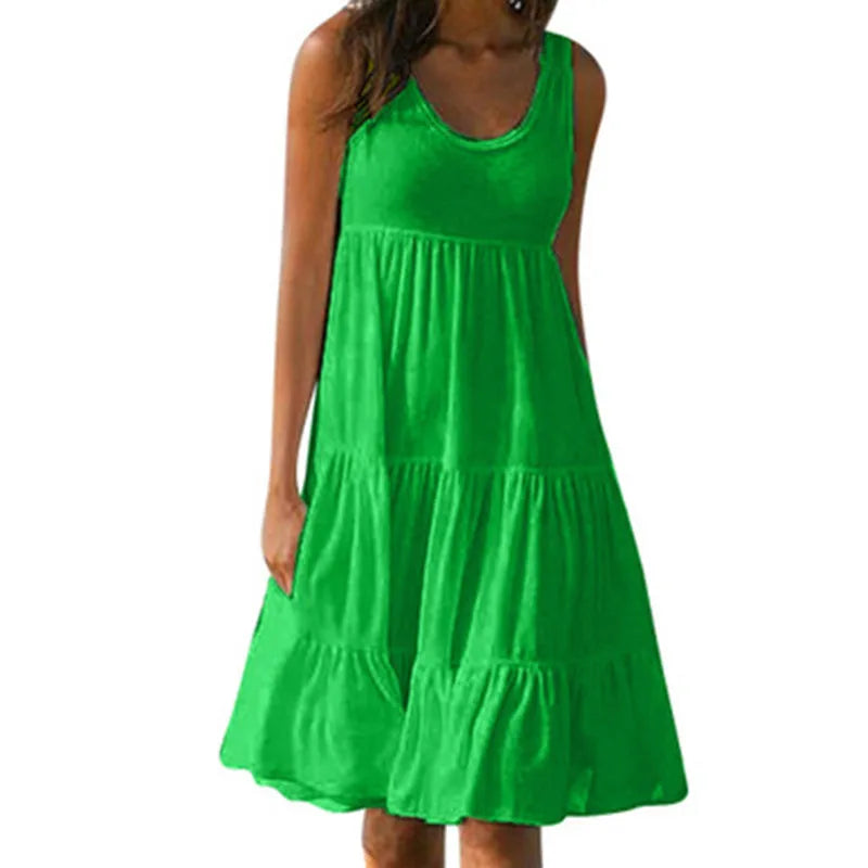 Bohemian Women's Casual O Neck Sleeveless Ruffle Mini Dress Solid Color Beach Tank Top Oversized Loose Dress Plus Size Women3029 - Matrix-studios.com