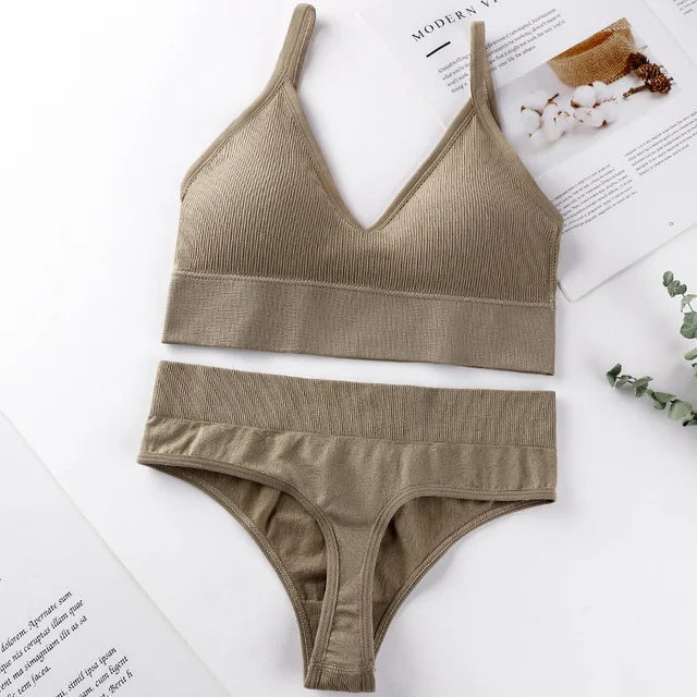 Qisin French Backless Push Up Underwear Set Women Sexy Seamless Bralette Female Lingerie Soft Tank Crop Top Gym Sport Bra Set - Matrix-studios.com