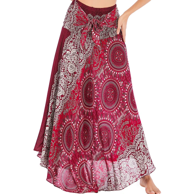 Boho Skirts Women Rayon Beach Long Dress Summer Bohemian Jupe Longue Femme Elastic Waist Print Floral Bandage Halter Hippie - Matrix Studios