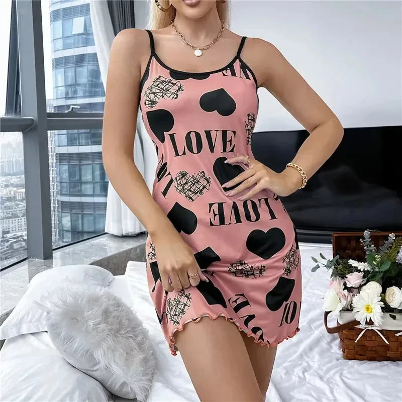 Summer New Women's Nightgown Beauty Back Thin Section Of Home Wear Sexy Halter Short Skirt Love Cartoon Cute Printing Pajamas - Matrix-studios.com