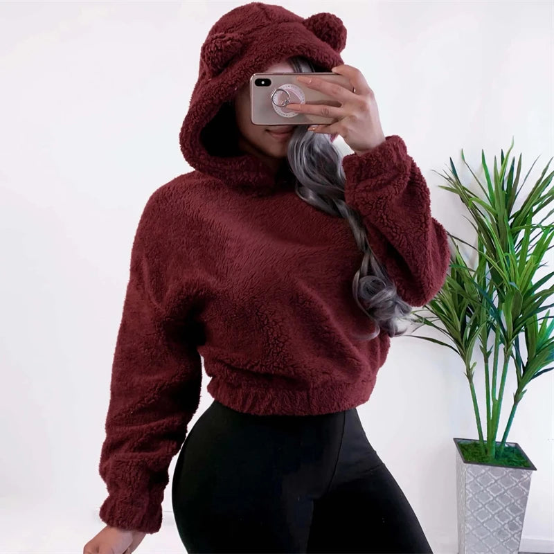 Winter Korean Fashion Bear Ears Cute Loose Hoodie Fluffy Hooded Warm Sweatshirt Long Sleeve Top Solid Pullover Clothes For Women - Matrix Studios