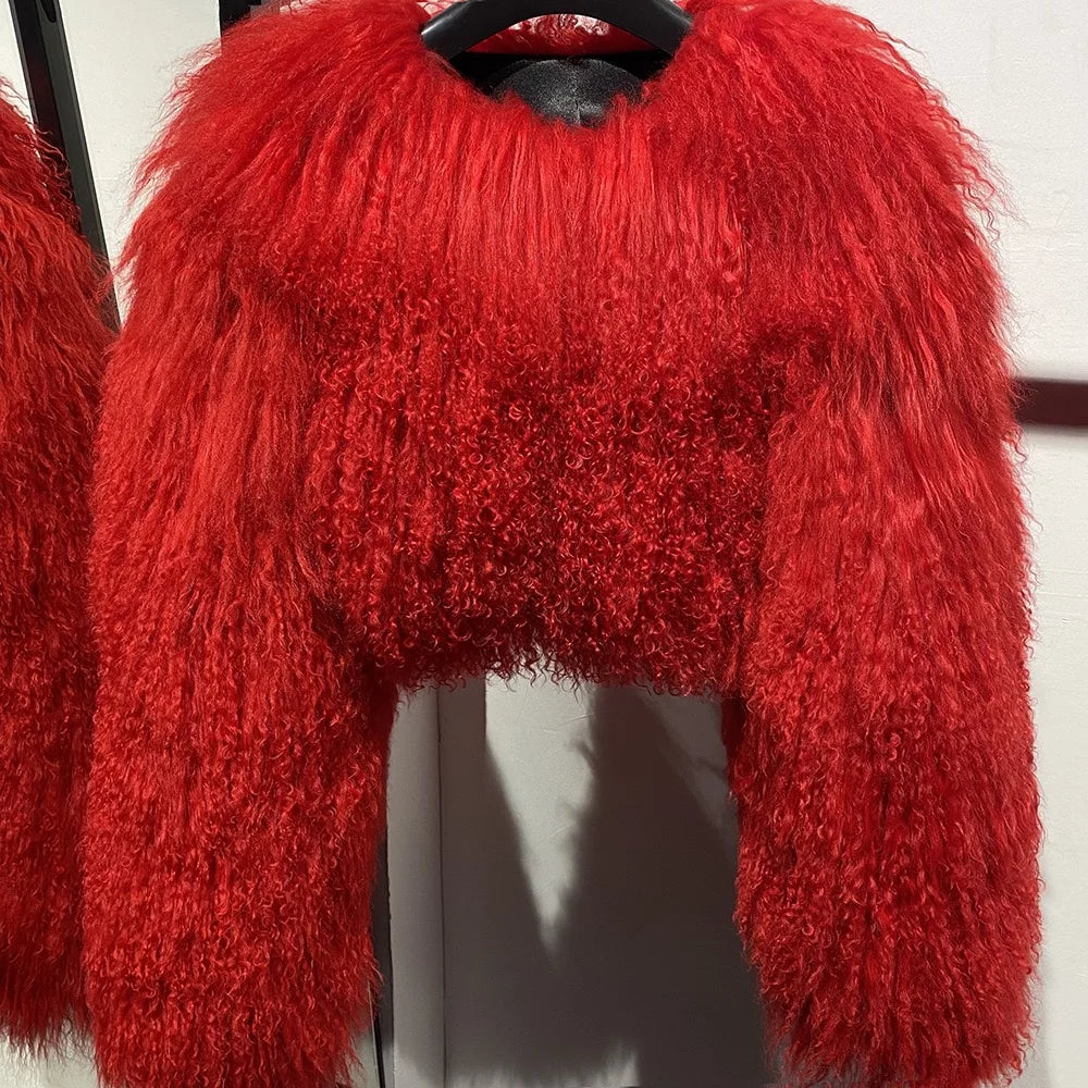 Short Genuine Fur Coat Mongolia Sheep Fur Long Sleeves Women's Warm Jacket - Matrix Studios