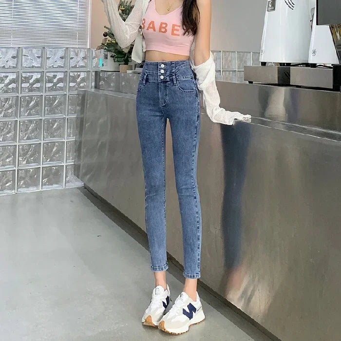 New Women's High Waist Stretch Jeans Blue Black Gray Fashionable and Versatile Multi-button Popular Slim Denim Long Pants Female - Matrix-studios.com