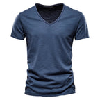 Brand Quality 100% Cotton Men T-shirt V-neck Fashion Design Slim Fit Soild Male Tops Tees Short Sleeve - Matrix Studios