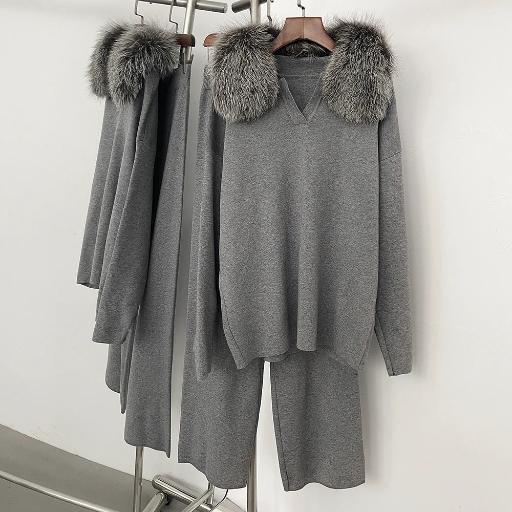 Reality Fur Jacket Pullover Set Woman Spring Knitted Suit Knitwear Female Real Fox Fur Collar Sweater Lady Autumn Knitted New - Matrix Studios