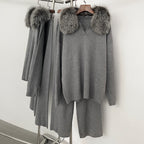 Reality Fur Jacket Pullover Set Woman Spring Knitted Suit Knitwear Female Real Fox Fur Collar Sweater Lady Autumn Knitted New - Matrix Studios