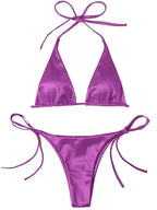 Halter Brazilian Metallic Satin Bikini Women Swimwear Female Swimsuit Two-pieces Bikini Set High Cut Bathing Suit Swim Beachwear - Matrix-studios.com
